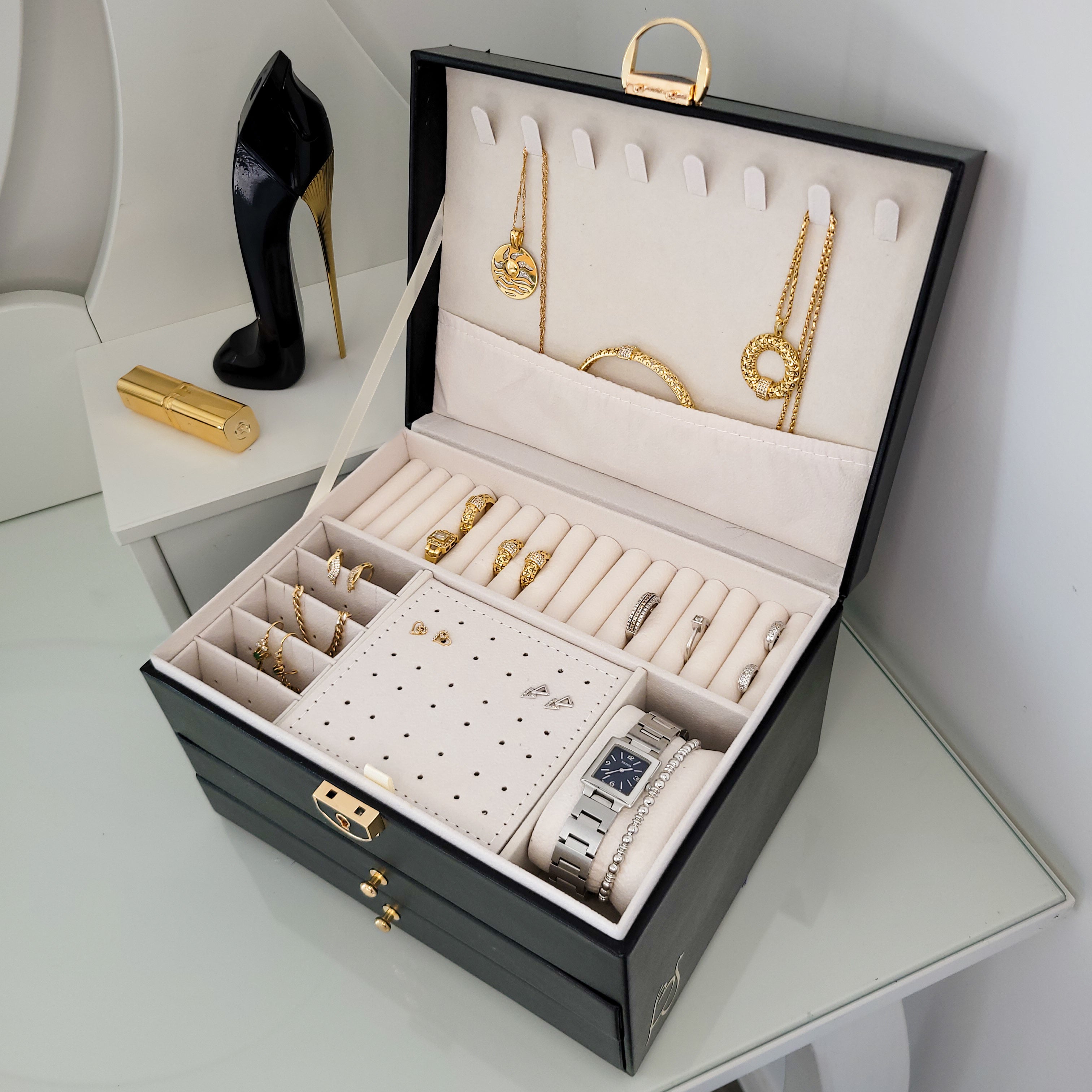 BS® Boîte à bijoux en Cuir Végan, 3 Niveaux de Rangement