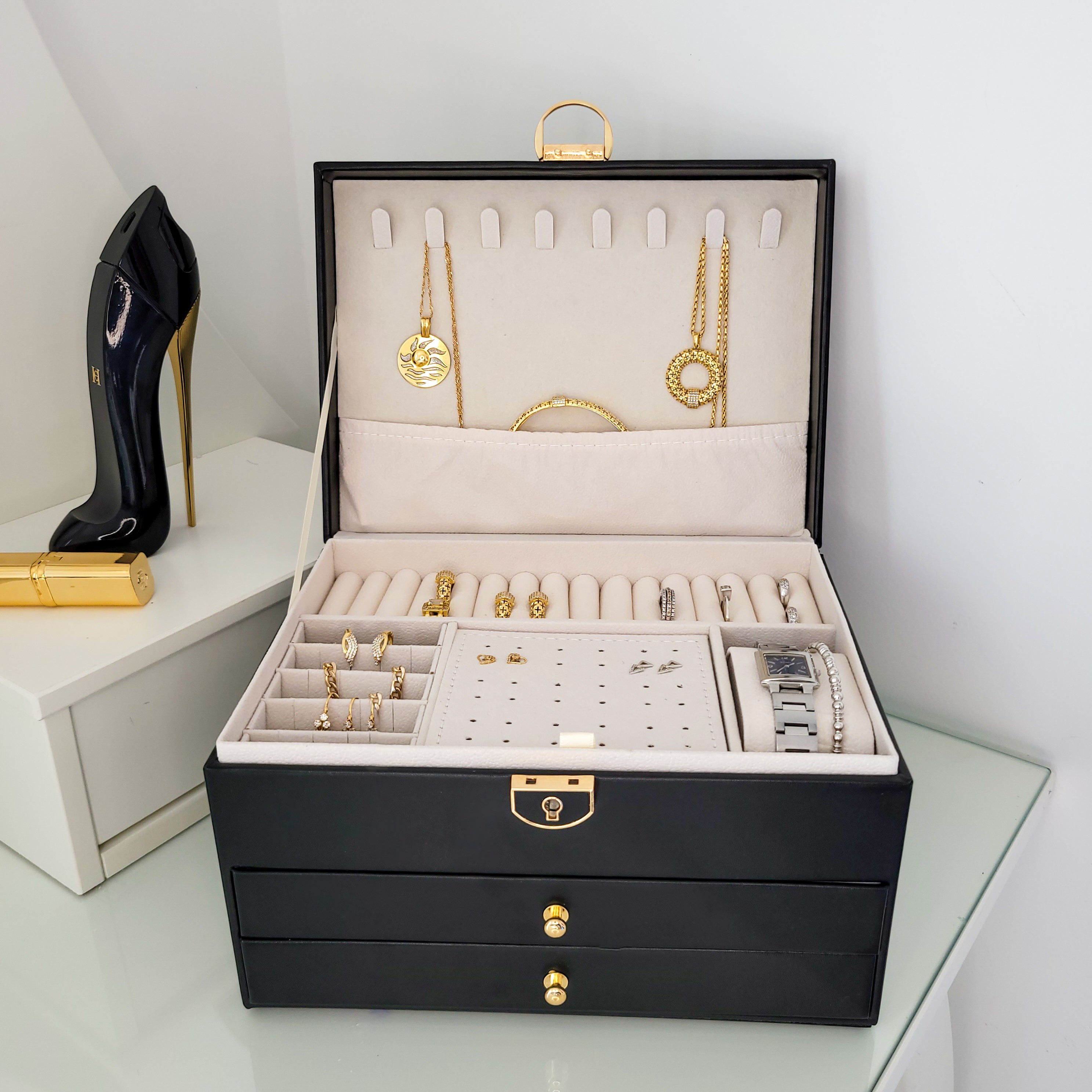 BS® Boîte à bijoux en Cuir Végan, 3 Niveaux de Rangement