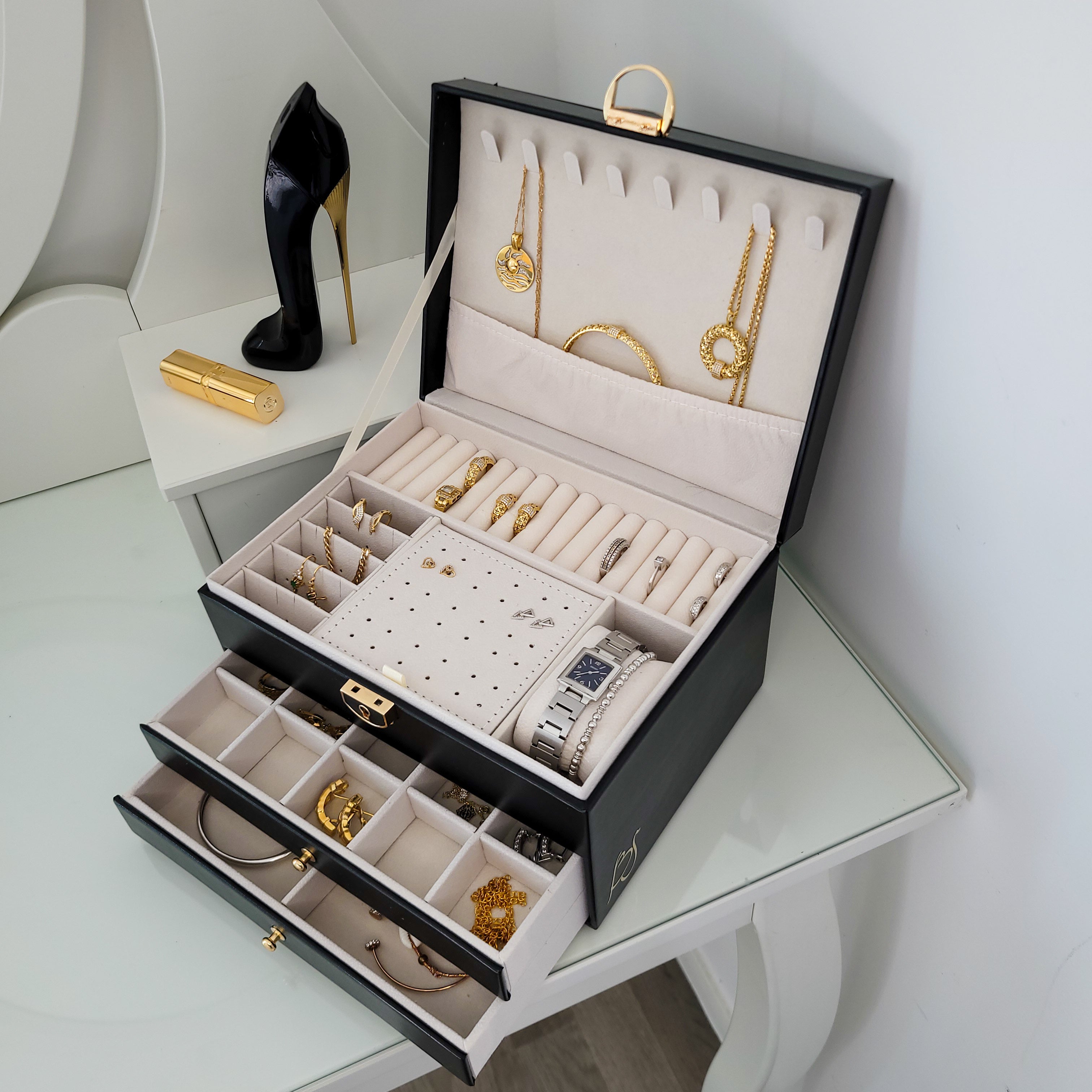 BS® Boîte à bijoux en Cuir Végan, 3 Niveaux de Rangement