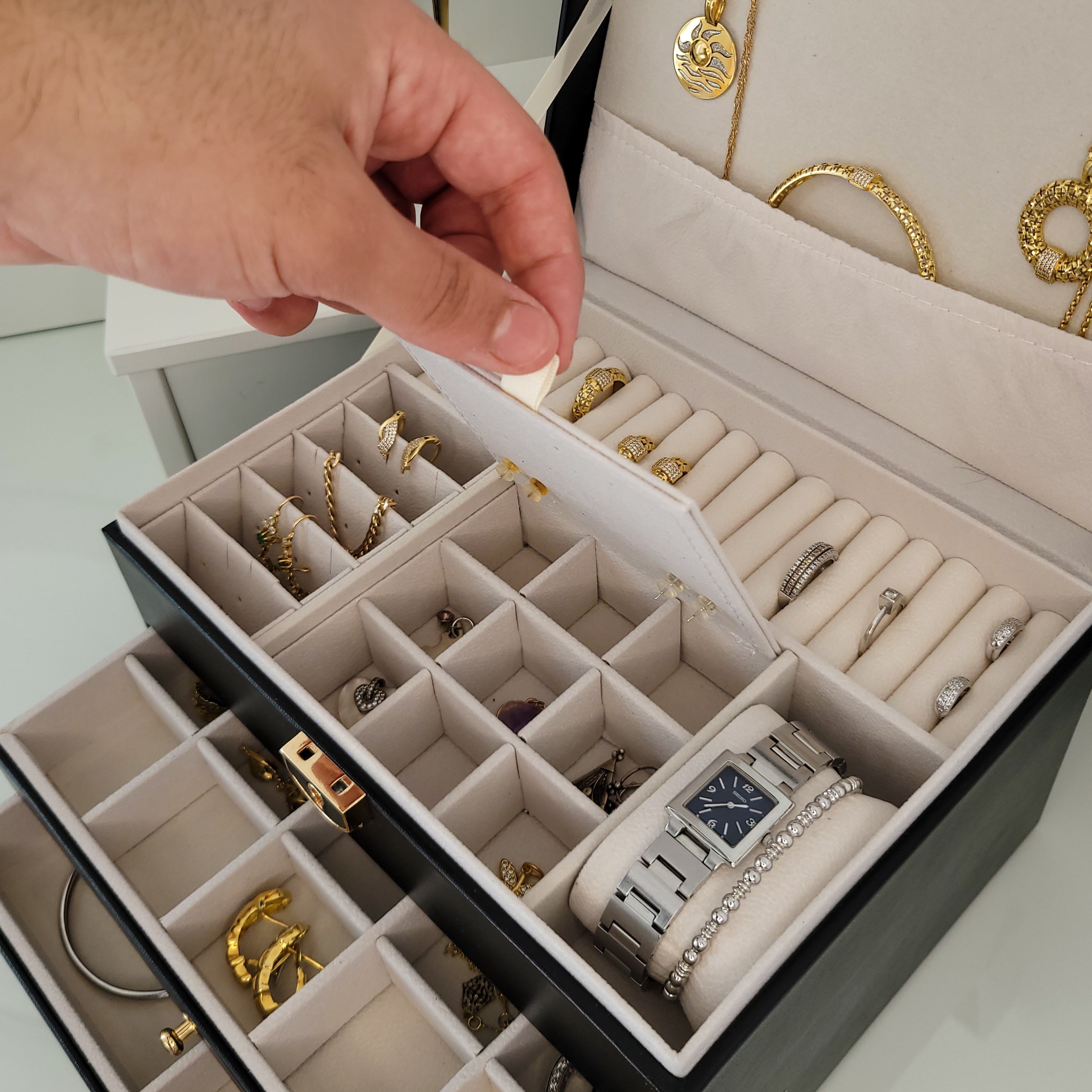 BS® Boîte à bijoux en Cuir Végan, 3 Niveaux de Rangement