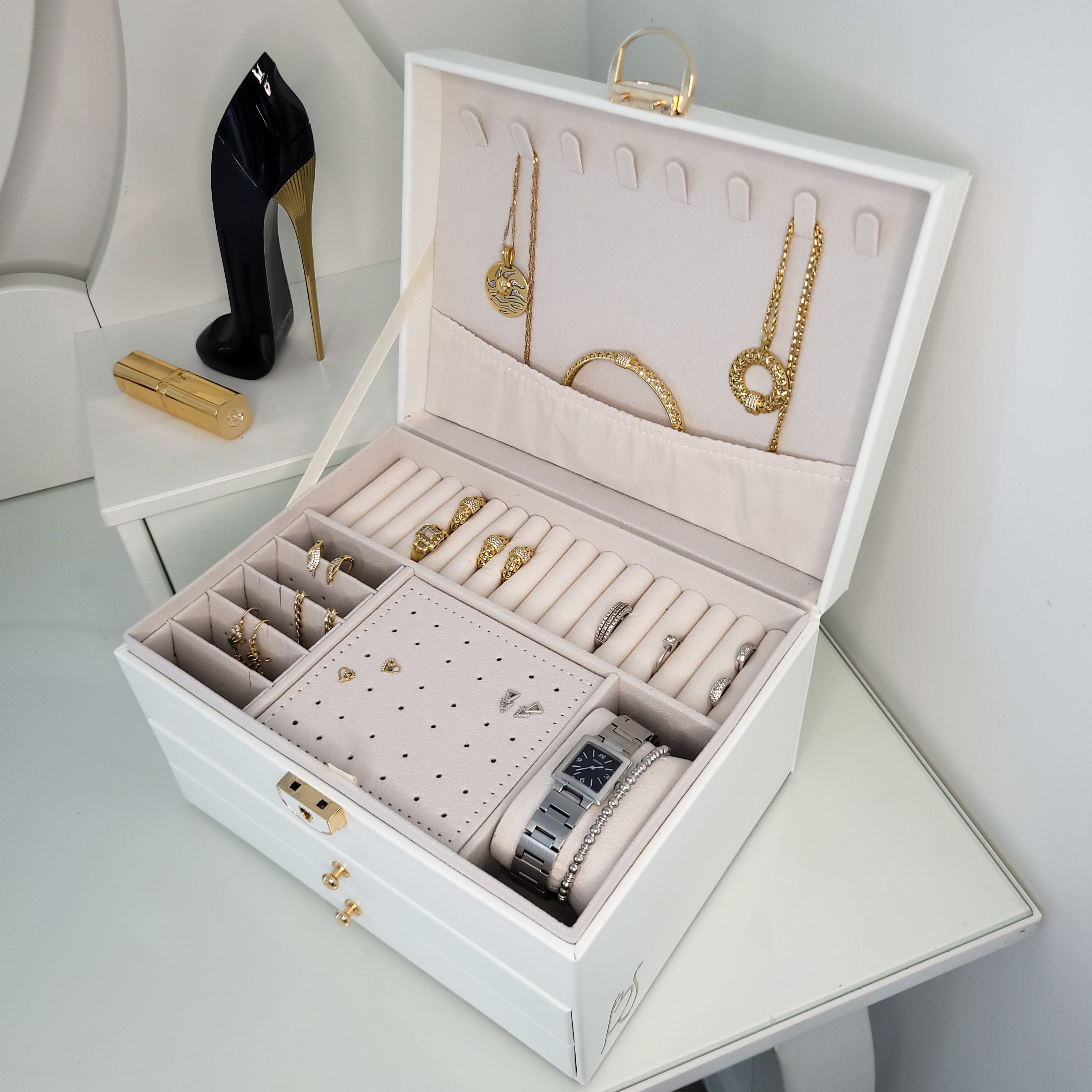 BS® Boîte à bijoux en Cuir Végan, 3 Niveaux de Rangement