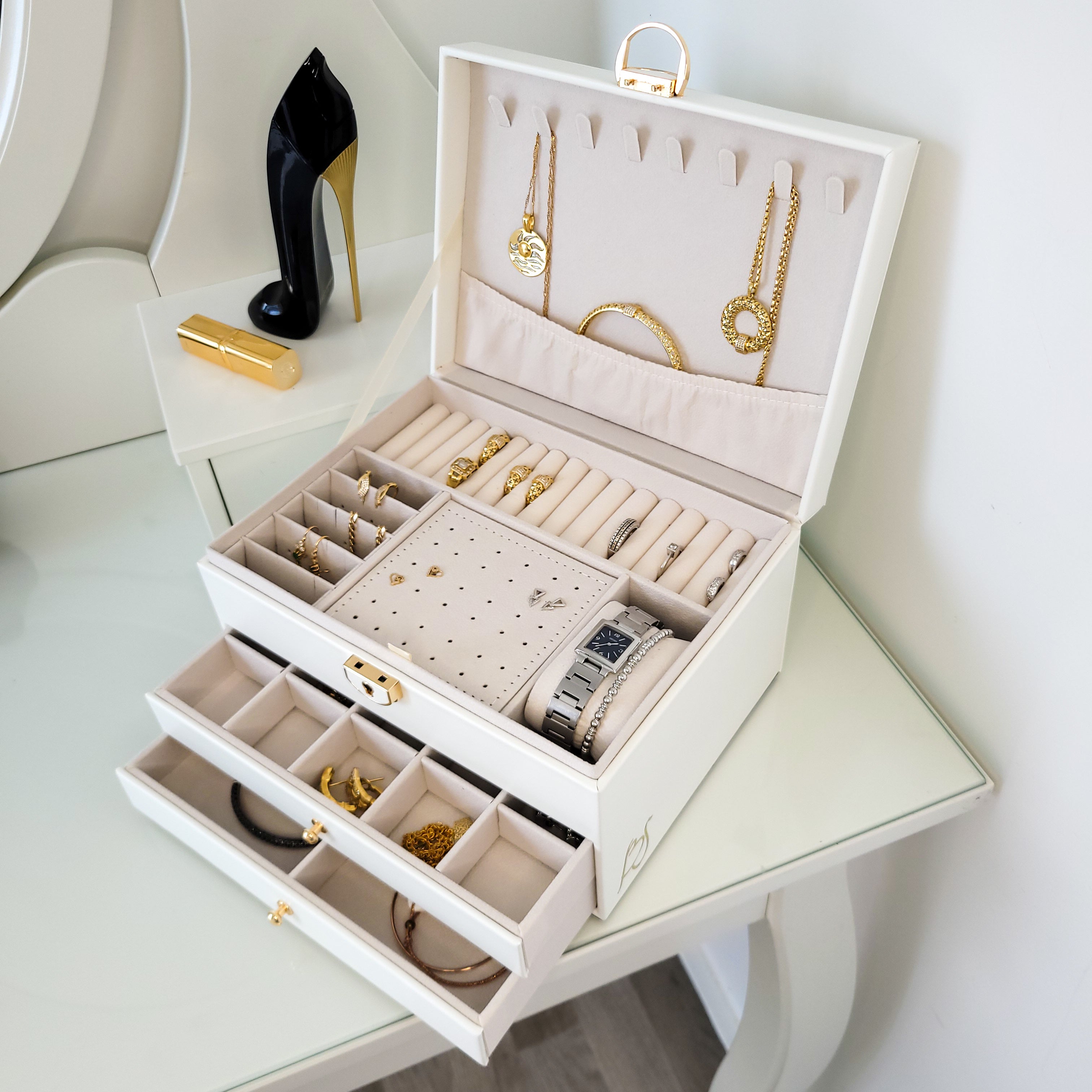 BS® Boîte à bijoux en Cuir Végan, 3 Niveaux de Rangement