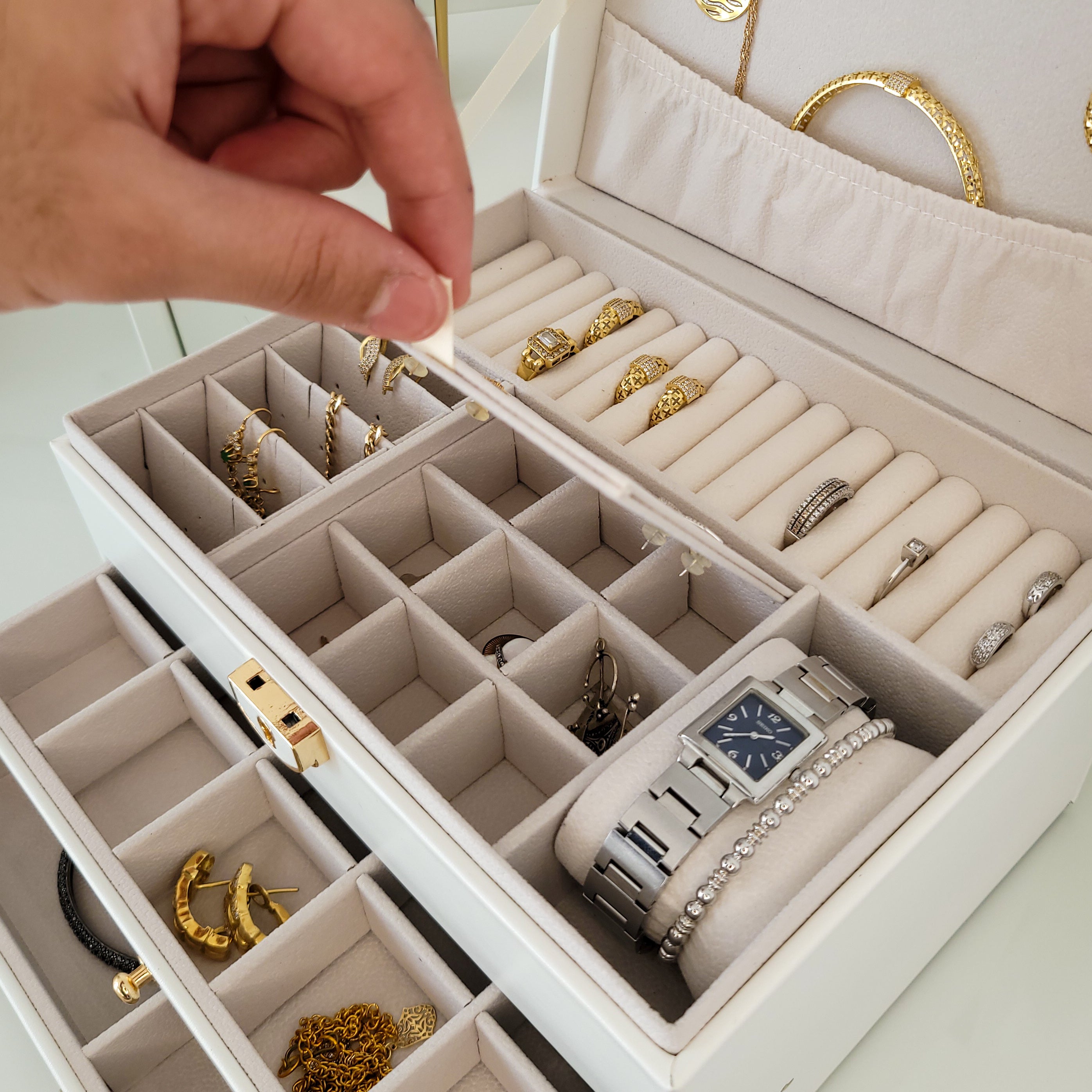 BS® Boîte à bijoux en Cuir Végan, 3 Niveaux de Rangement