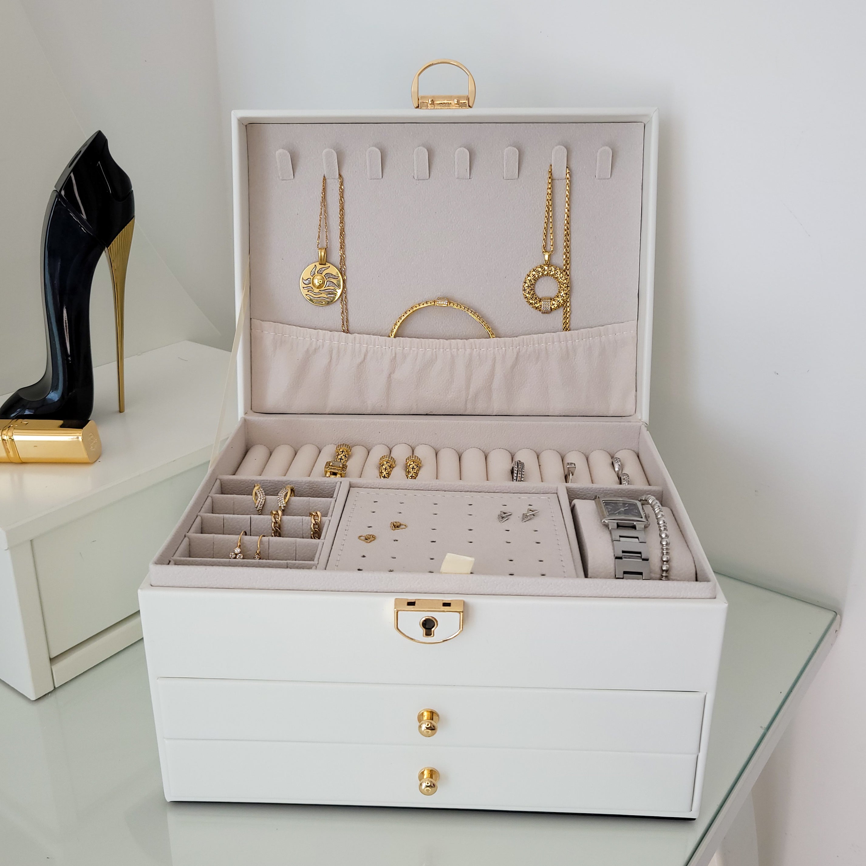 BS® Boîte à bijoux en Cuir Végan, 3 Niveaux de Rangement