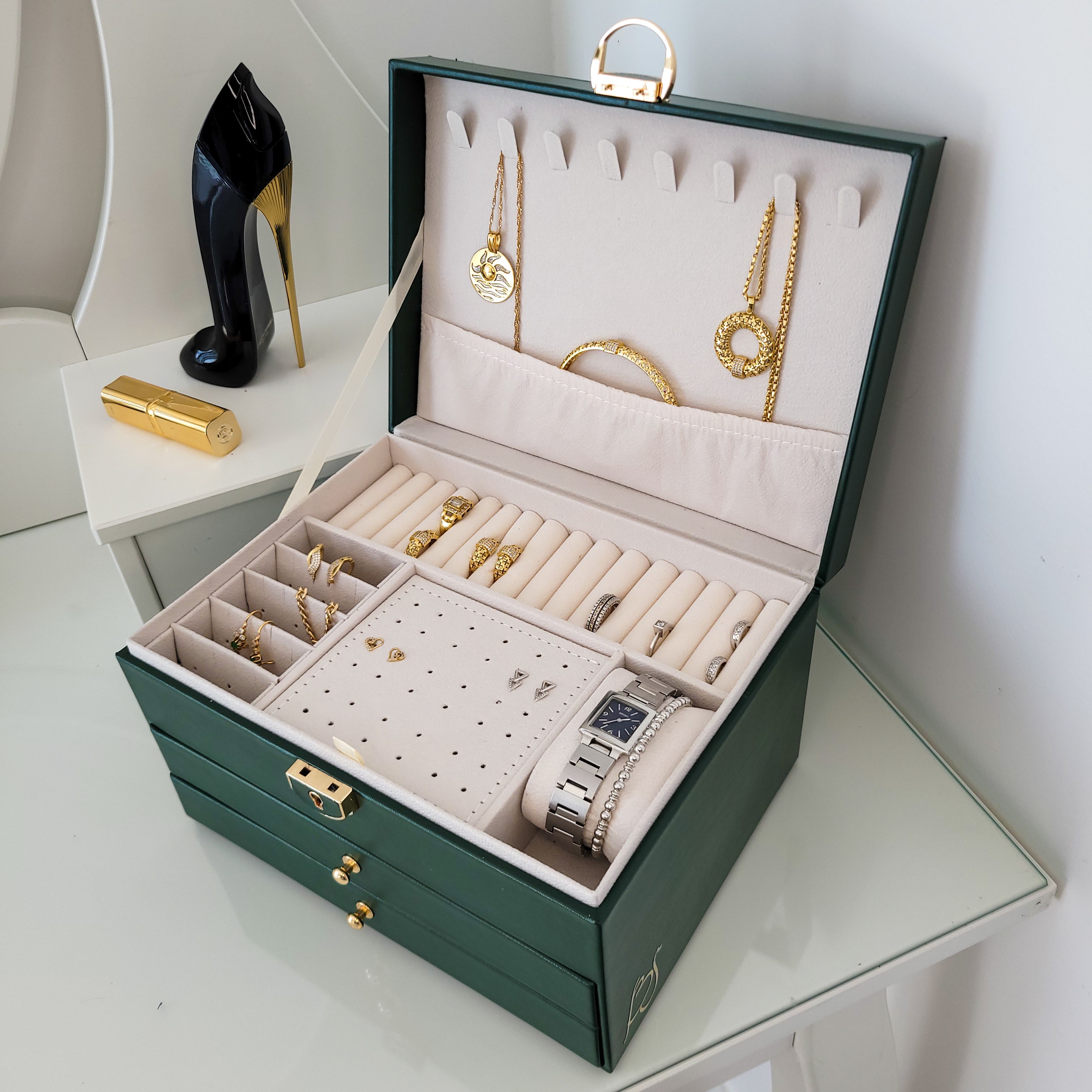 BS® Boîte à bijoux en Cuir Végan, 3 Niveaux de Rangement