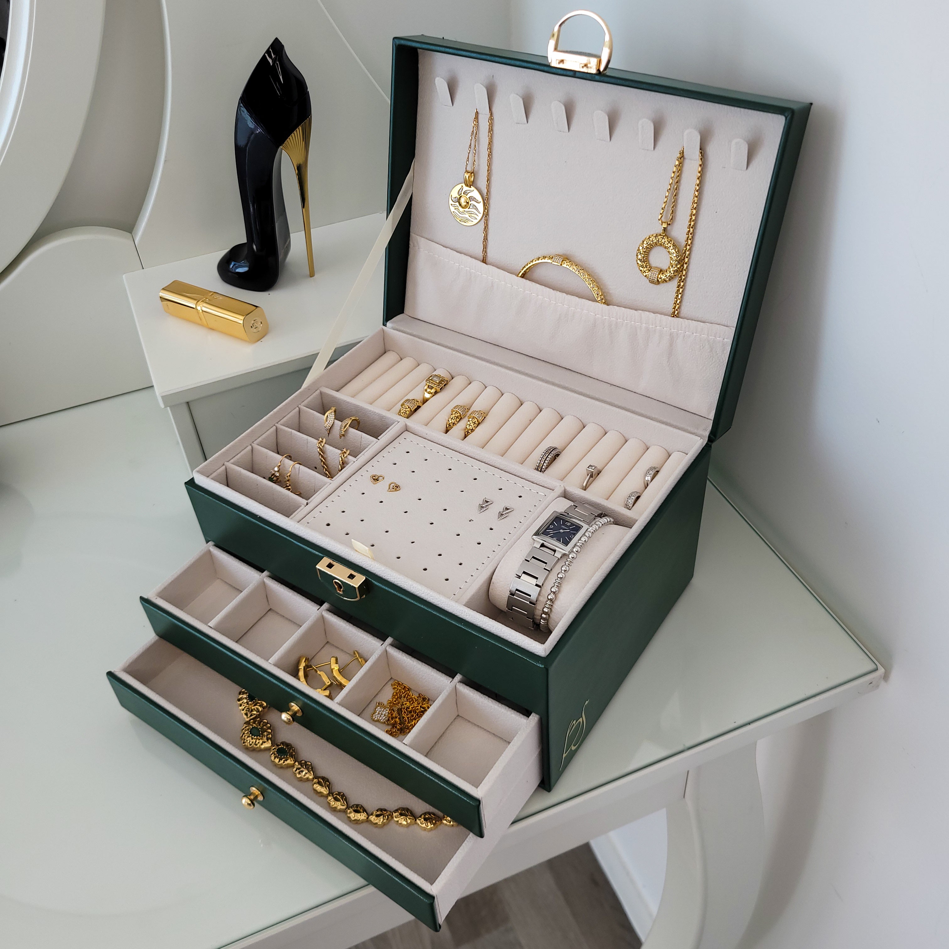 BS® Boîte à bijoux en Cuir Végan, 3 Niveaux de Rangement