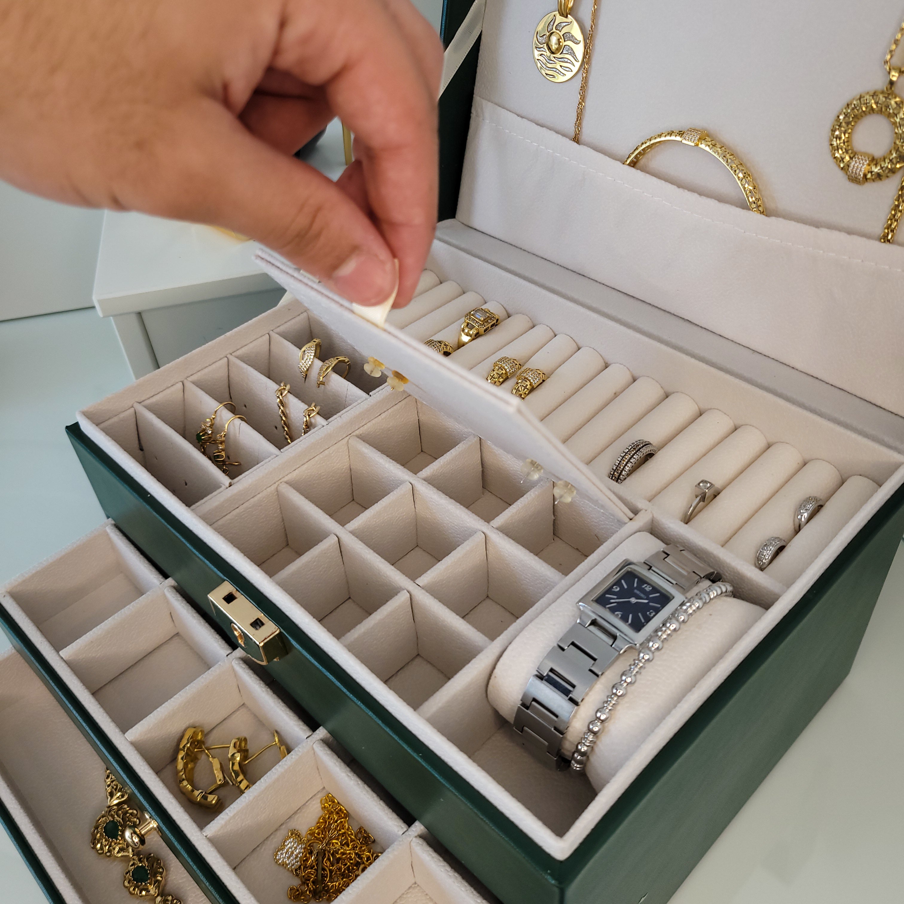 BS® Boîte à bijoux en Cuir Végan, 3 Niveaux de Rangement