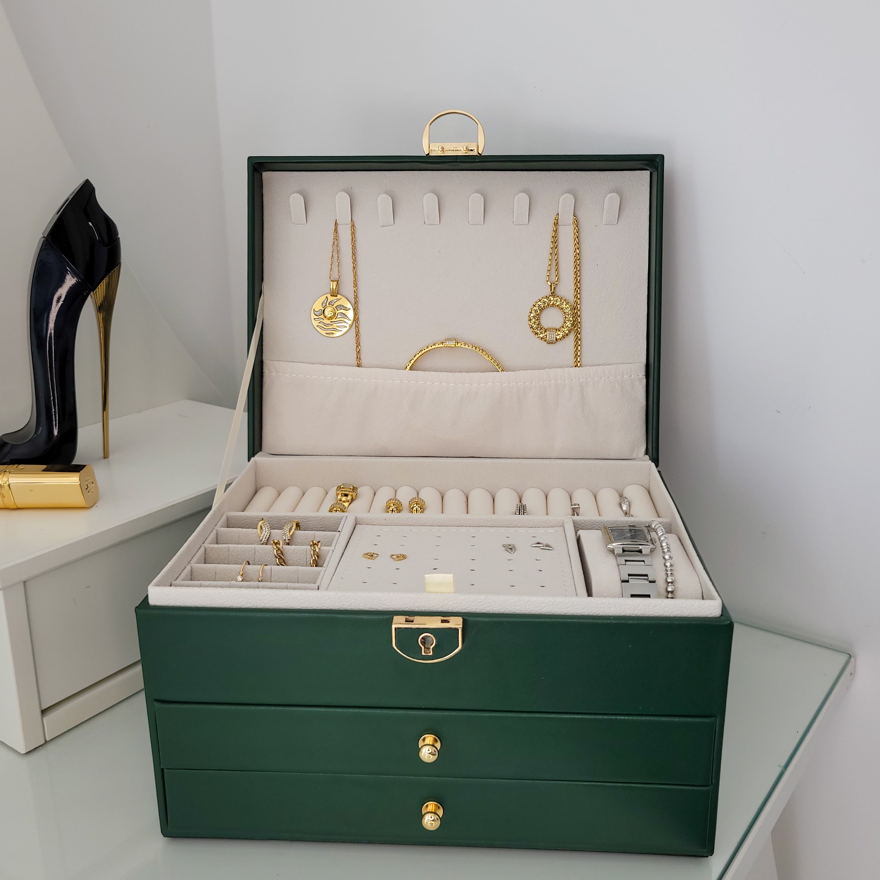 BS® Boîte à bijoux en Cuir Végan, 3 Niveaux de Rangement