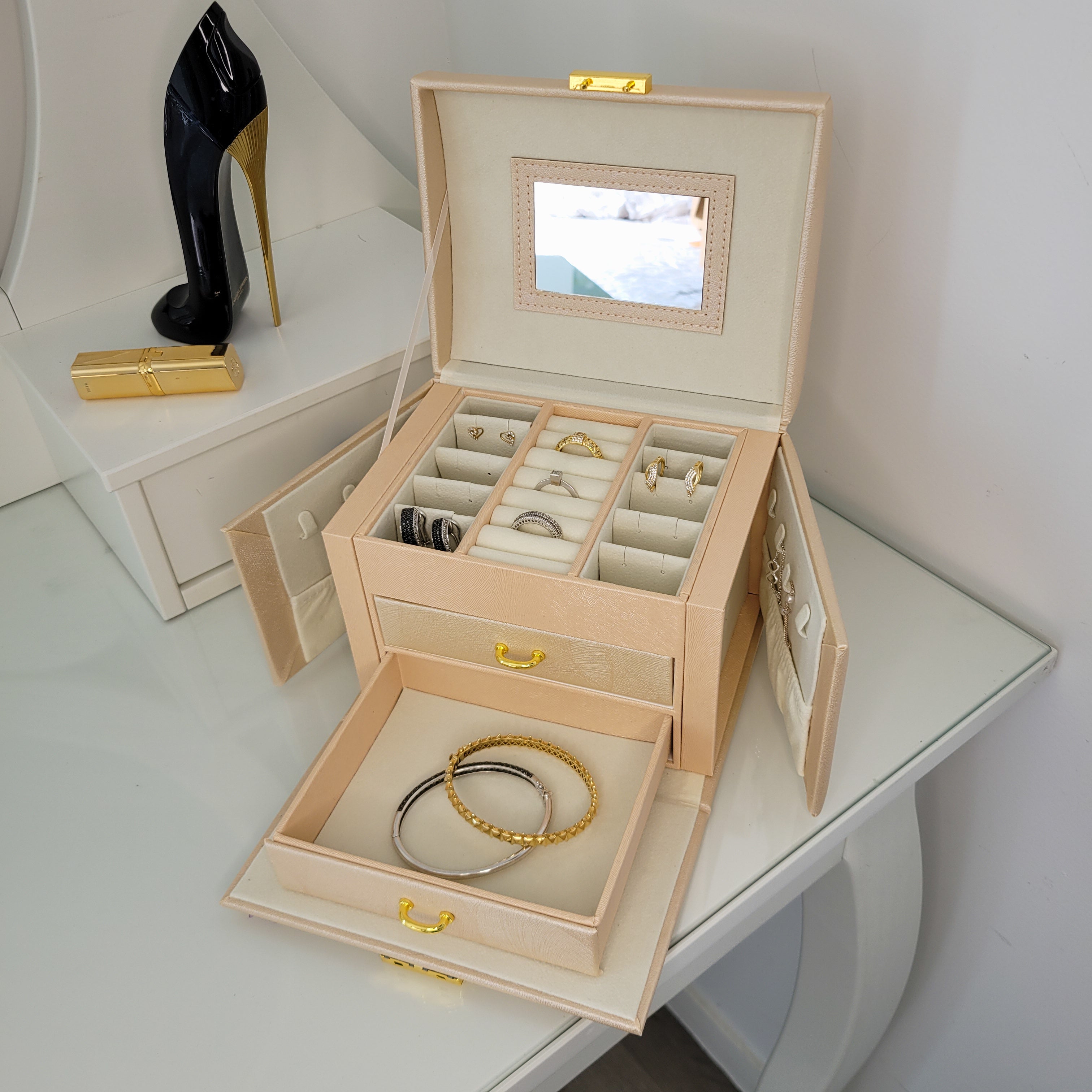 BS® - Boîte à Bijoux en Cuir Végan avec Miroir & Serrure