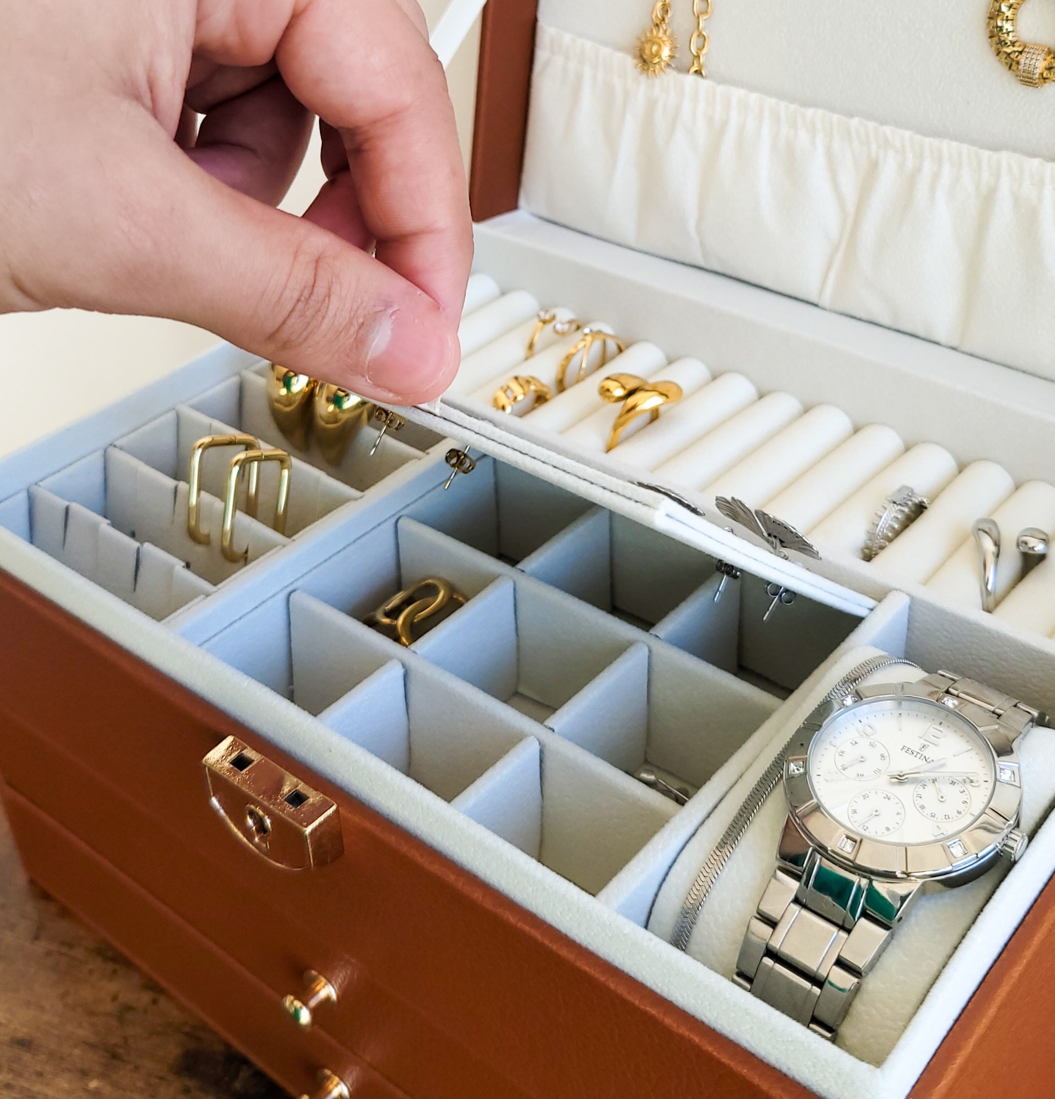 BS® Boîte à bijoux en Cuir Végan, 3 Niveaux de Rangement