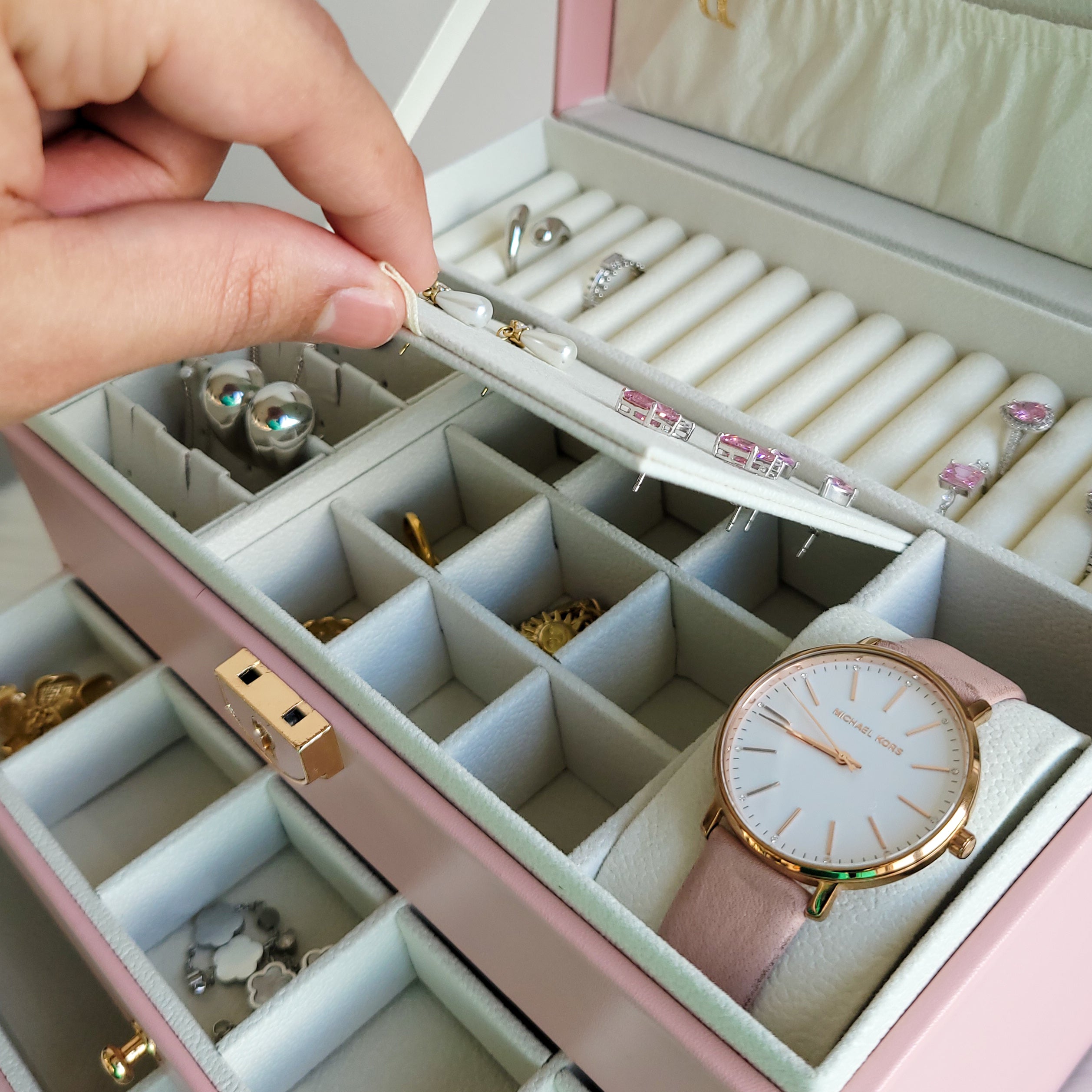 BS® Boîte à bijoux en Cuir Végan, 3 Niveaux de Rangement