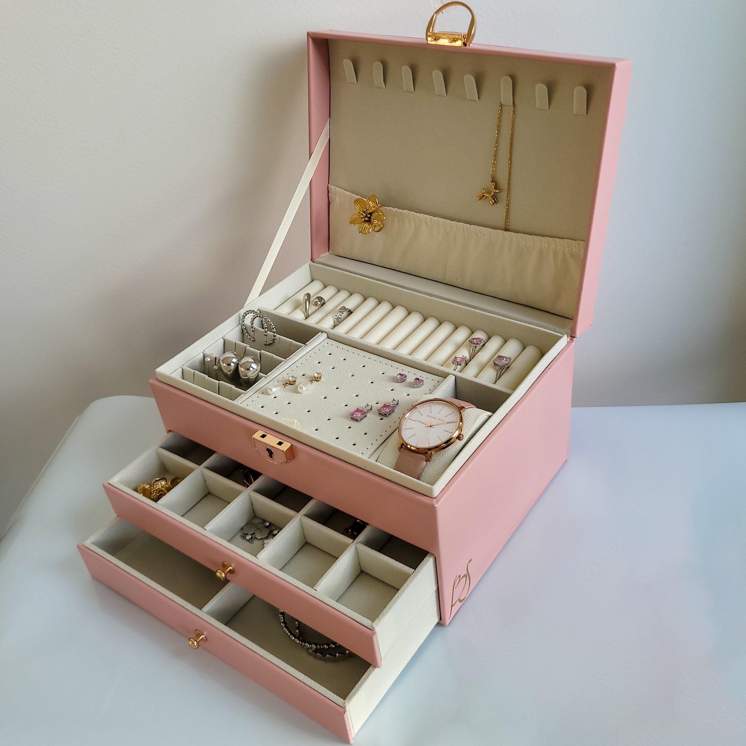 BS® Boîte à bijoux en Cuir Végan, 3 Niveaux de Rangement