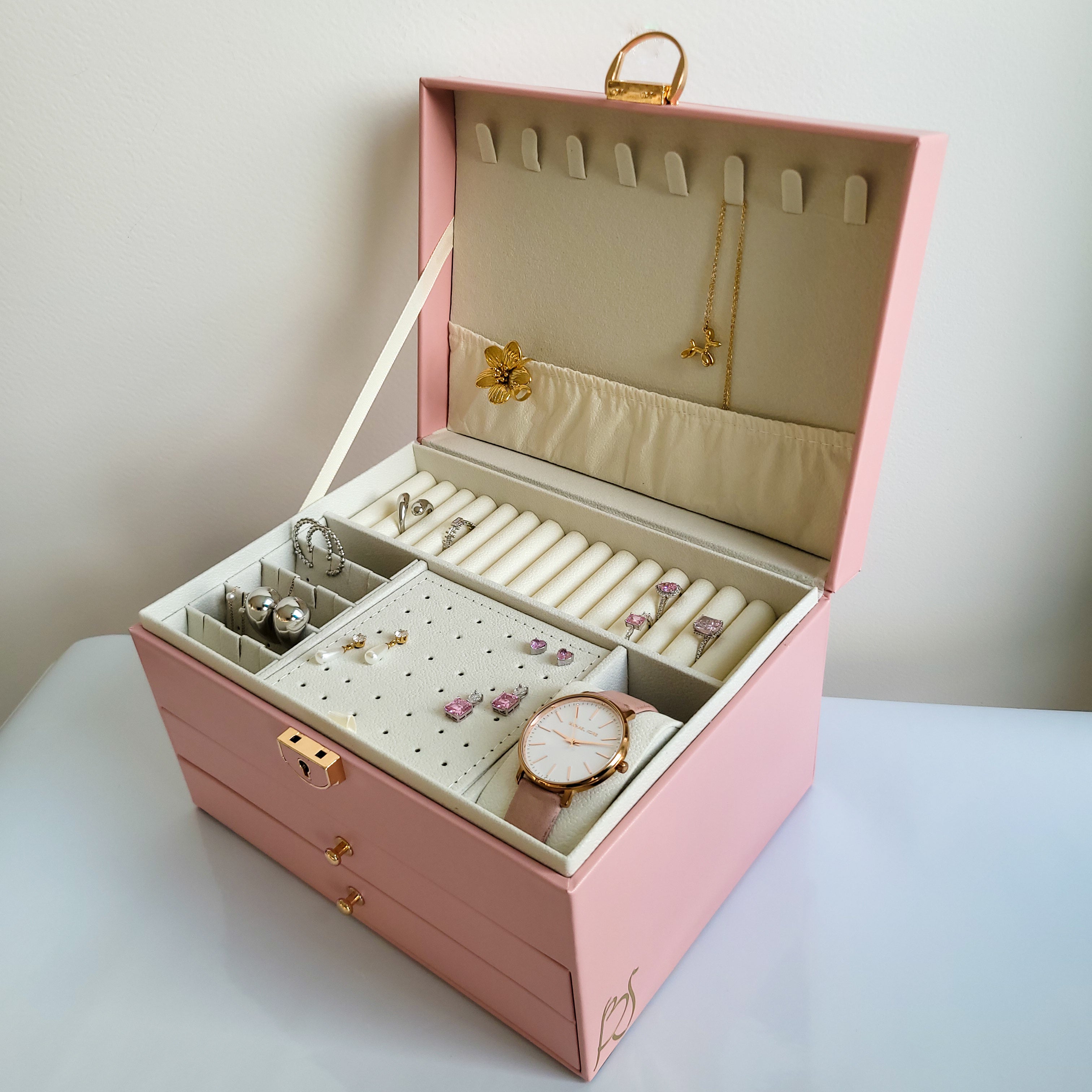 BS® Boîte à bijoux en Cuir Végan, 3 Niveaux de Rangement