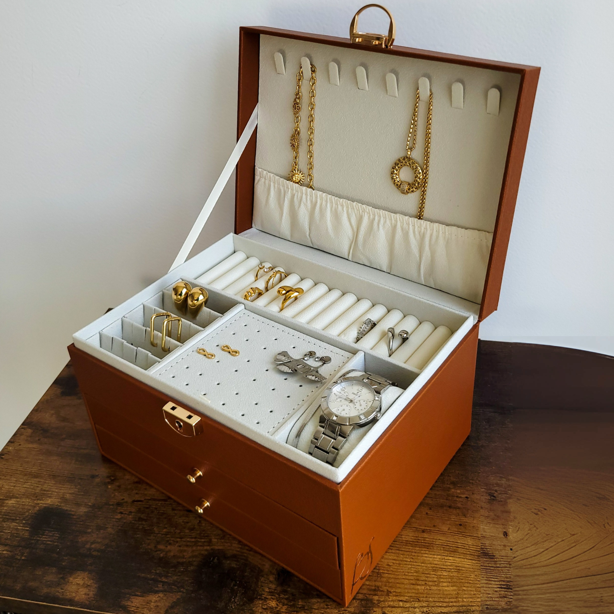 BS® Boîte à bijoux en Cuir Végan, 3 Niveaux de Rangement