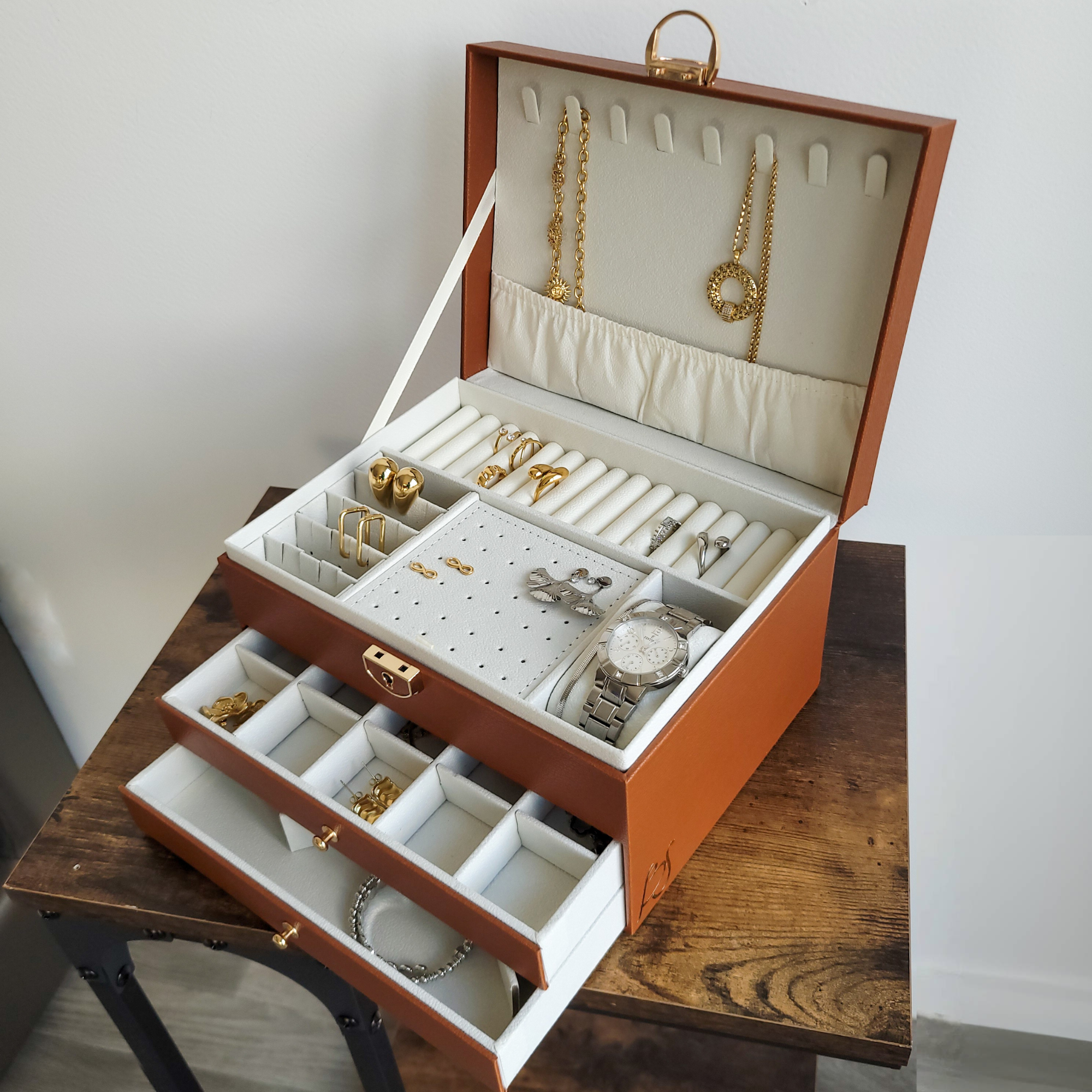 BS® Boîte à bijoux en Cuir Végan, 3 Niveaux de Rangement