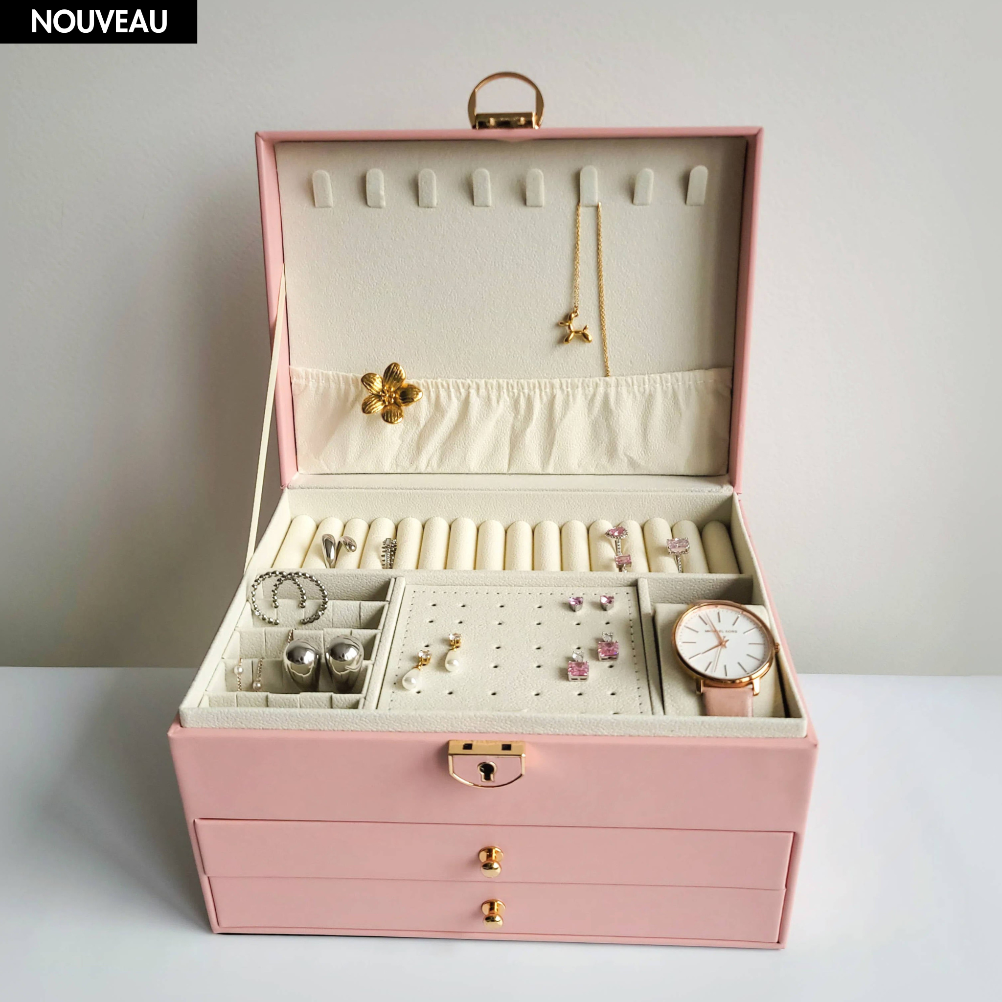 BS® Boîte à bijoux en Cuir Végan, 3 Niveaux de Rangement