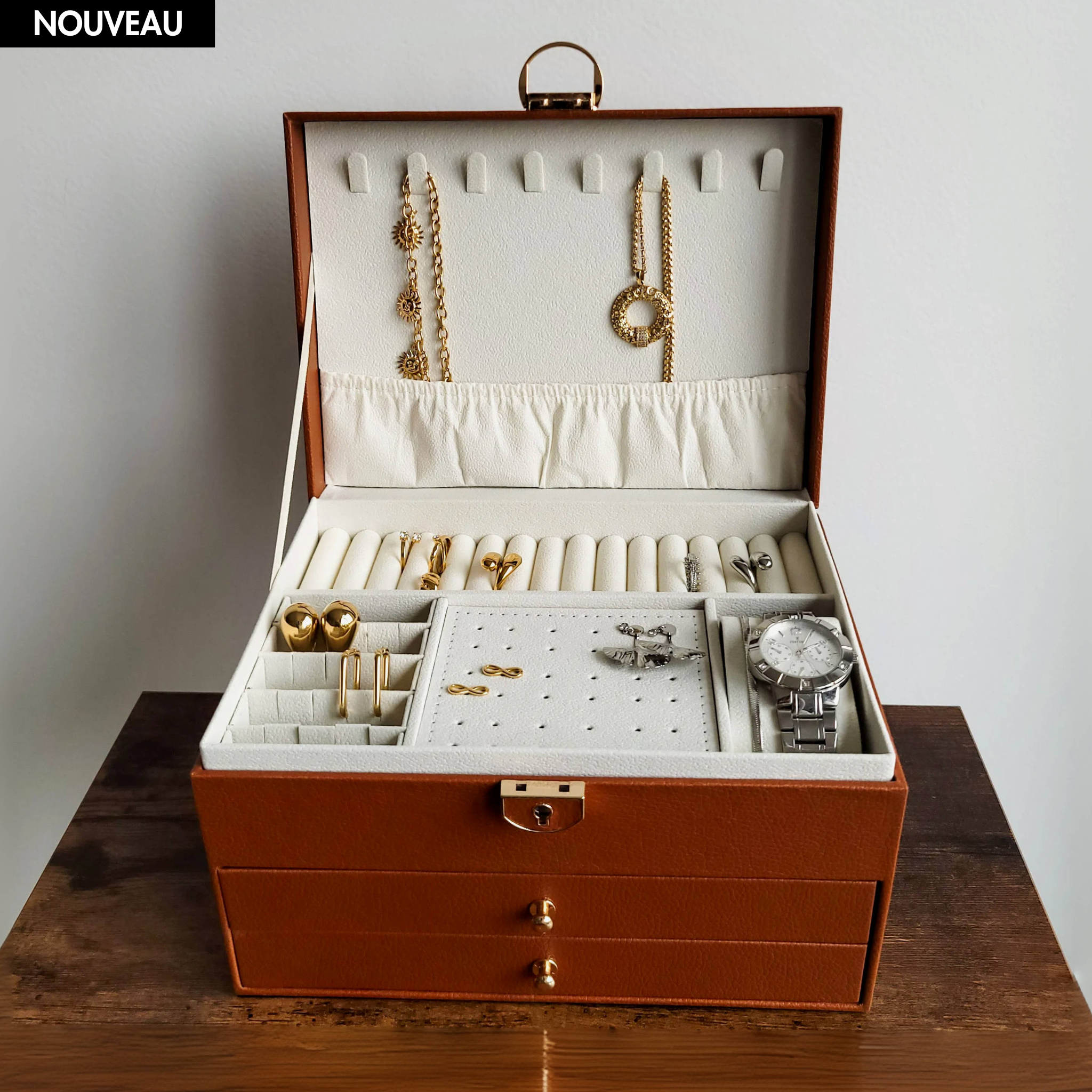 BS® Boîte à bijoux en Cuir Végan, 3 Niveaux de Rangement
