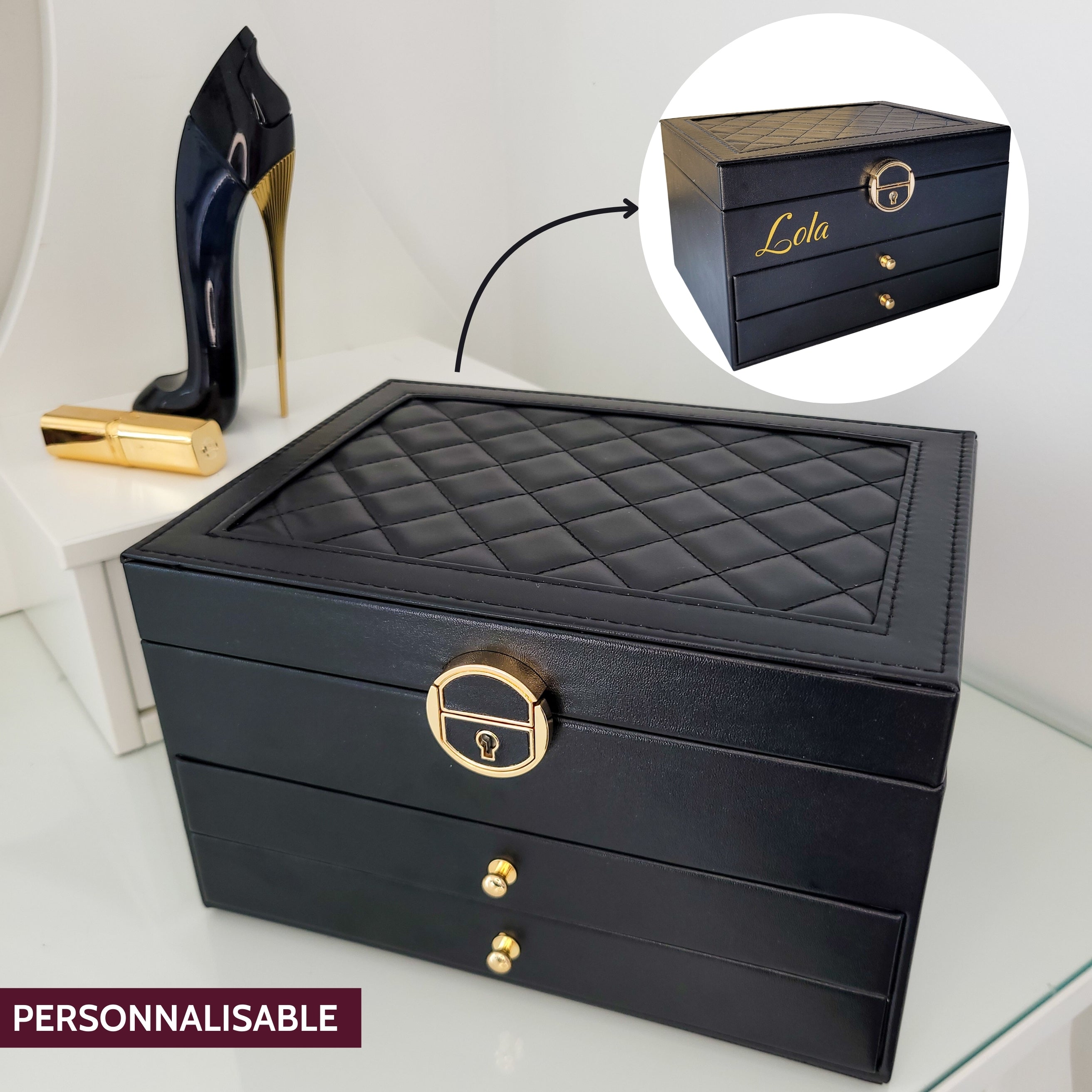 BS® Boîte à bijoux en Cuir Végan, 3 Niveaux de Rangement