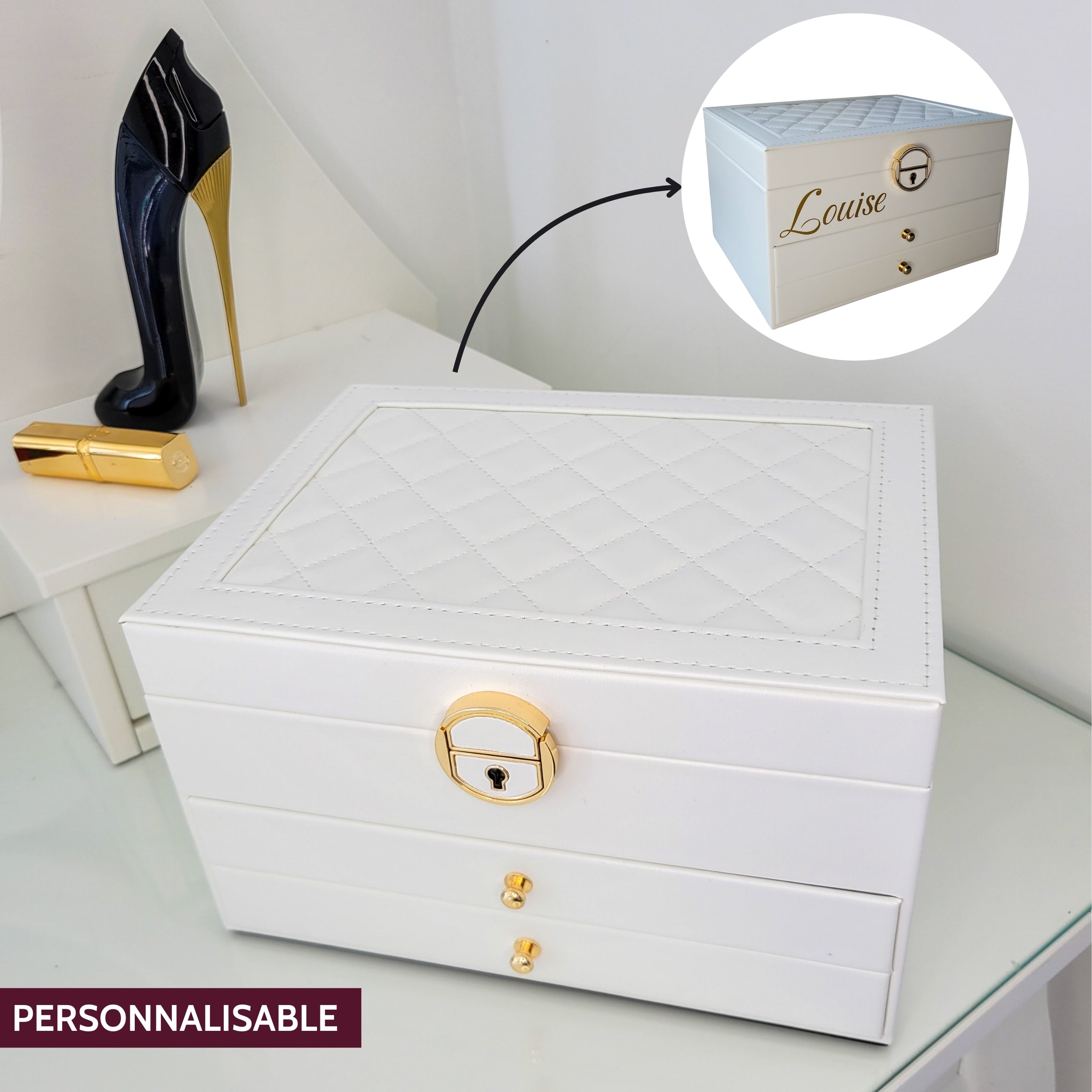 BS® Boîte à bijoux en Cuir Végan, 3 Niveaux de Rangement