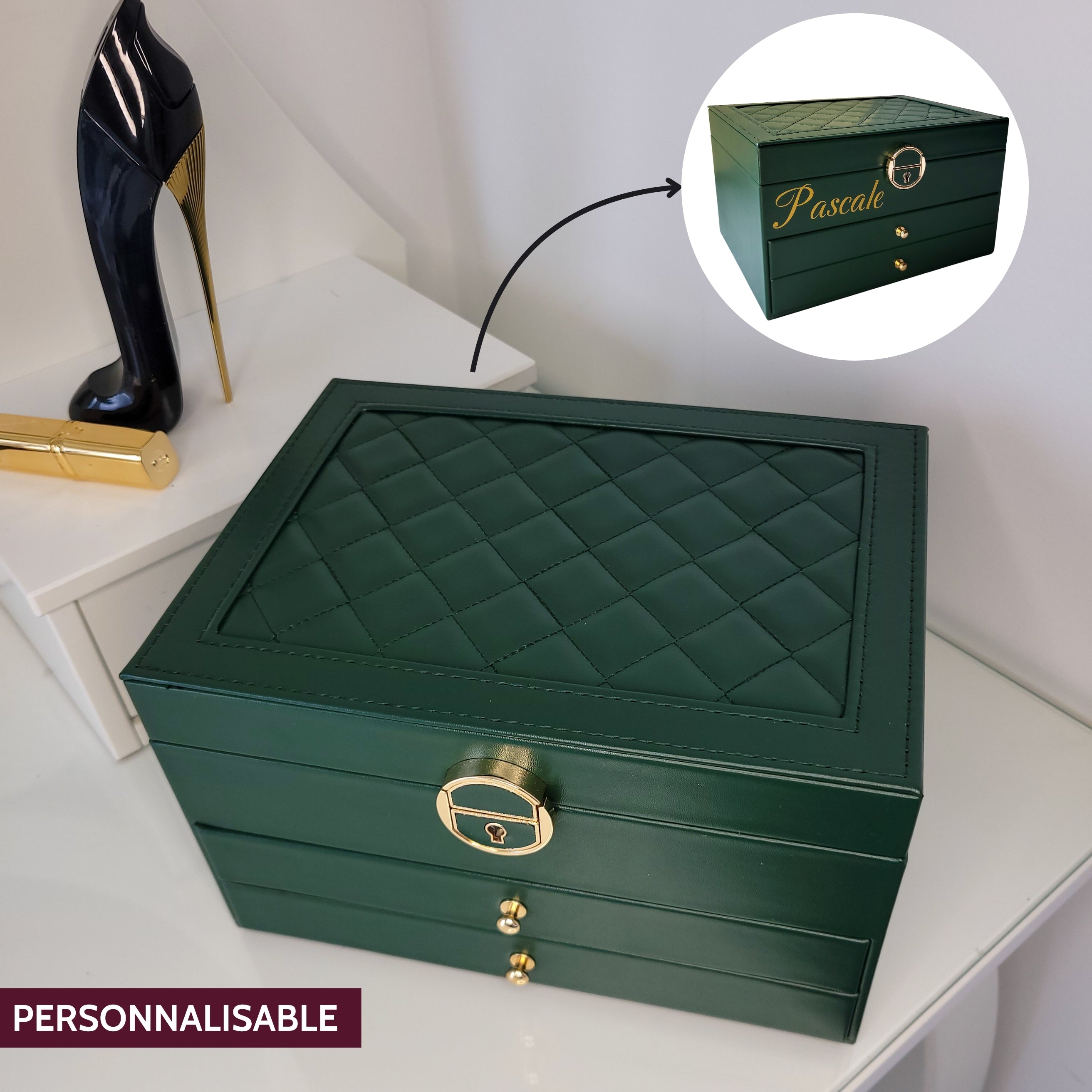 BS® Boîte à bijoux en Cuir Végan, 3 Niveaux de Rangement